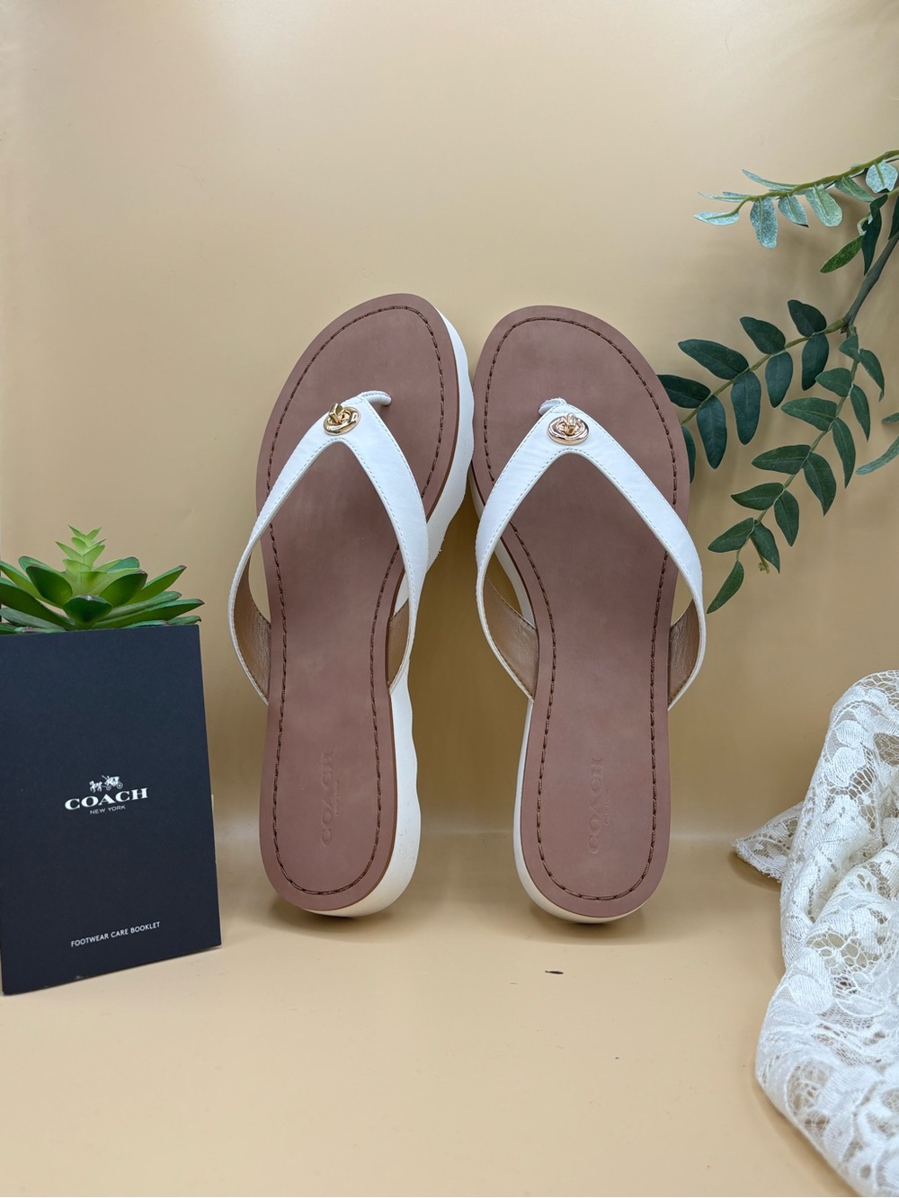Coach White Leather Thong Sandals with Brown Footbed and Gold Logo